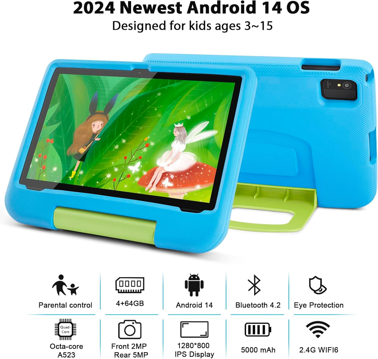 Kids Tablet 10 Inch - Android 14 Tablet for Kids, Octa-Core 8(4+4) GB+64GB, IPS HD Toddler Device, Wifi 6, Dual Camera, GMS, Parental Control Mode (Blue EVA Case)