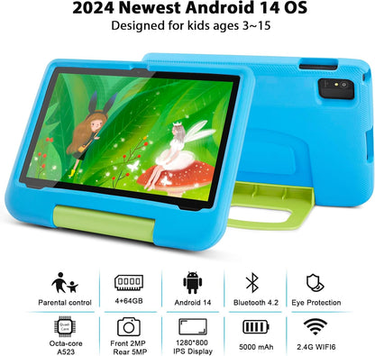 Kids Tablet 10 Inch - Android 14 Tablet for Kids, Octa-Core 8(4+4) GB+64GB, IPS HD Toddler Device, Wifi 6, Dual Camera, GMS, Parental Control Mode (Blue EVA Case)