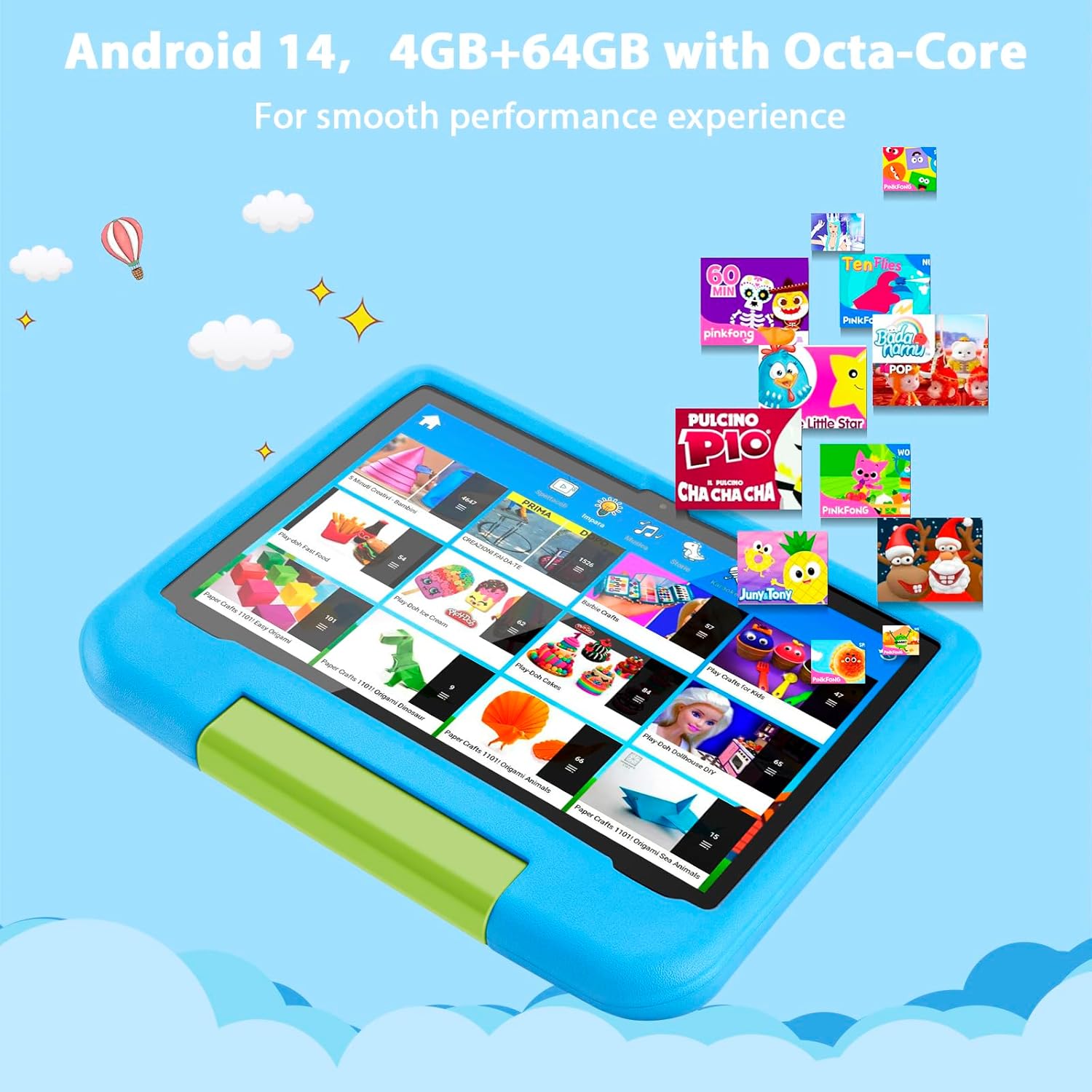 Kids Tablet 10 Inch - Android 14 Tablet for Kids, Octa-Core 8(4+4) GB+64GB, IPS HD Toddler Device, Wifi 6, Dual Camera, GMS, Parental Control Mode (Blue EVA Case)