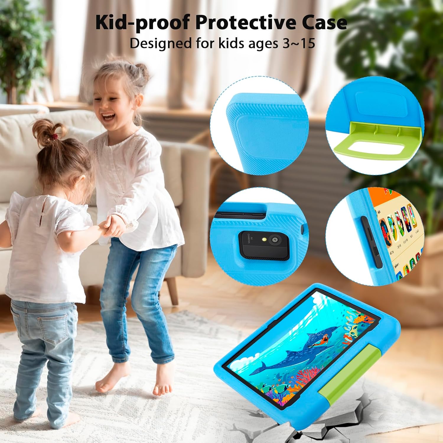 Kids Tablet 10 Inch - Android 14 Tablet for Kids, Octa-Core 8(4+4) GB+64GB, IPS HD Toddler Device, Wifi 6, Dual Camera, GMS, Parental Control Mode (Blue EVA Case)