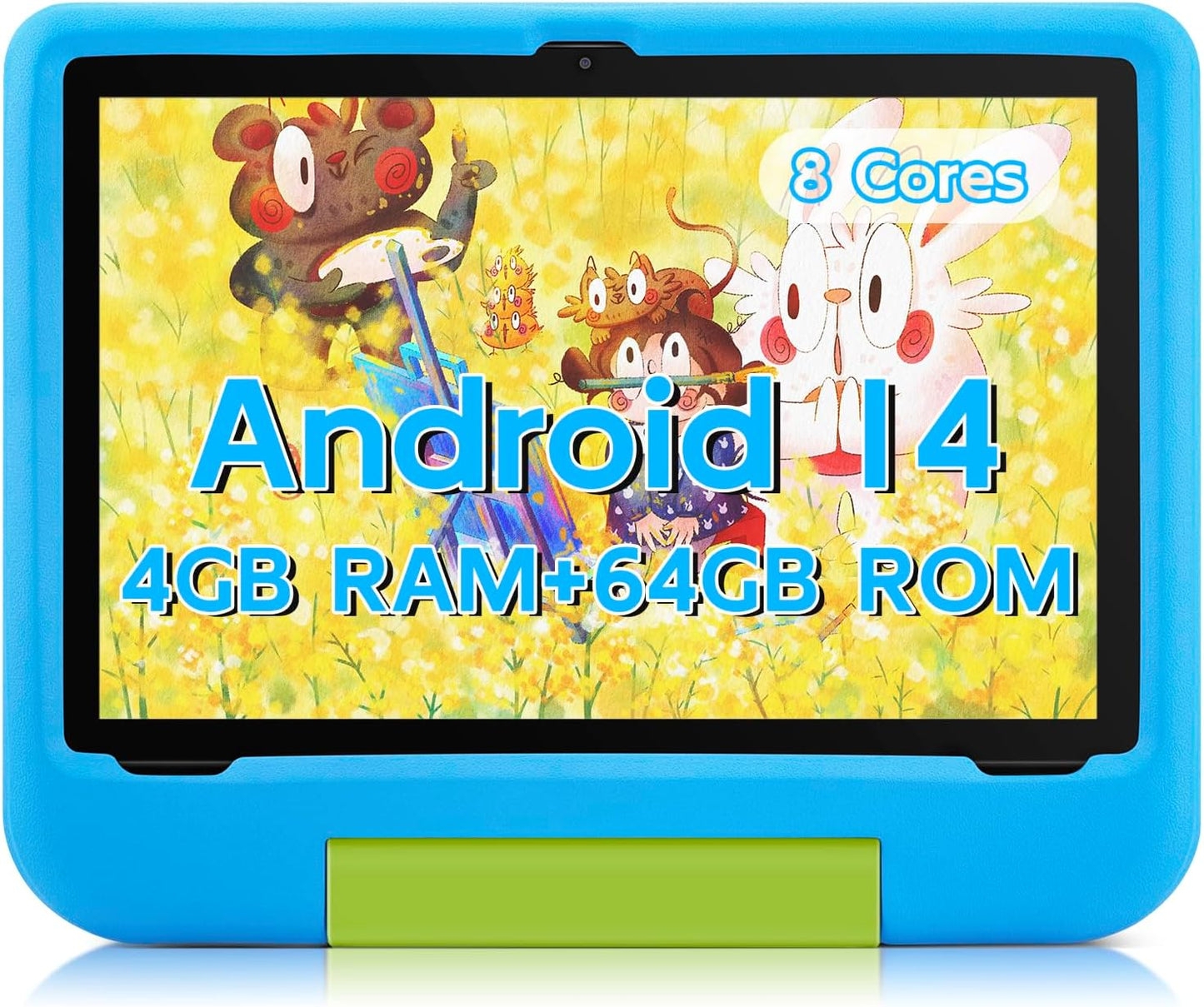 Kids Tablet 10 Inch - Android 14 Tablet for Kids, Octa-Core 8(4+4) GB+64GB, IPS HD Toddler Device, Wifi 6, Dual Camera, GMS, Parental Control Mode (Blue EVA Case)